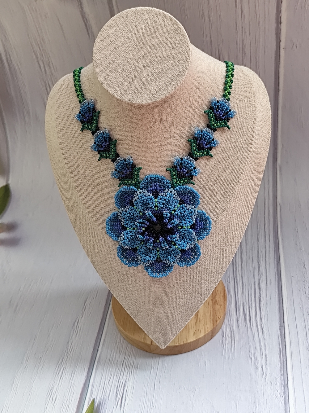 Handmade Blue Floral Beaded Necklace - Green Accents